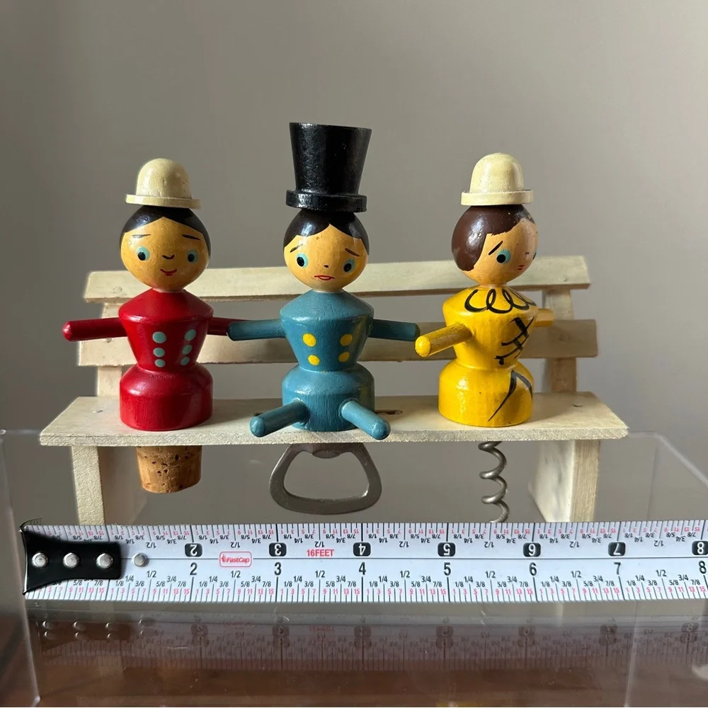 Vintage Wooden Bar Set, Cork, Cork Screw, Bottle Opener, Hand Painted, 1950’s
